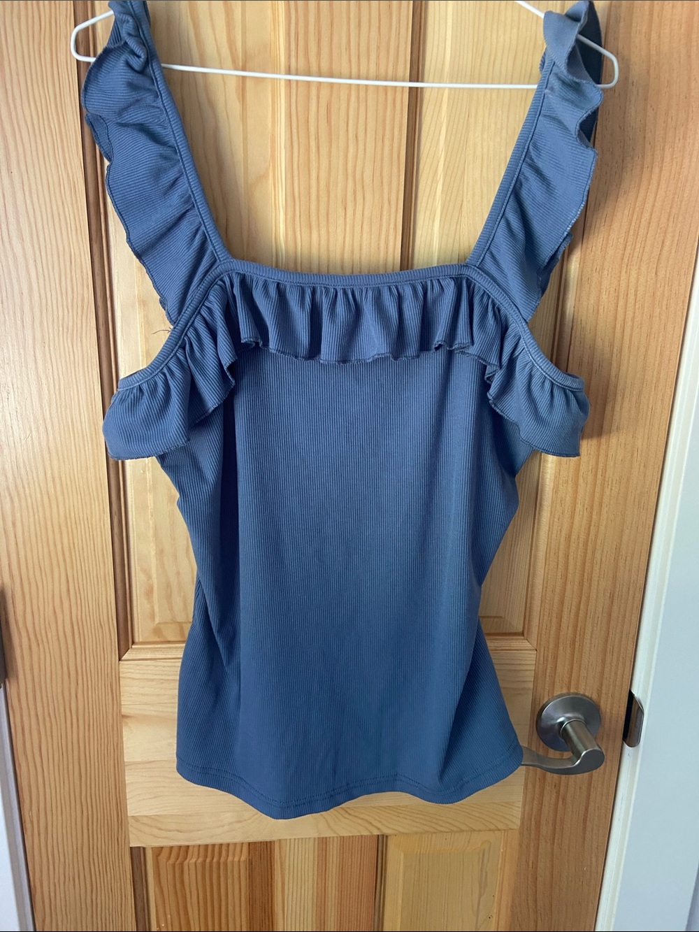 Ruffled Square Neck Tank Top in Slate Blue